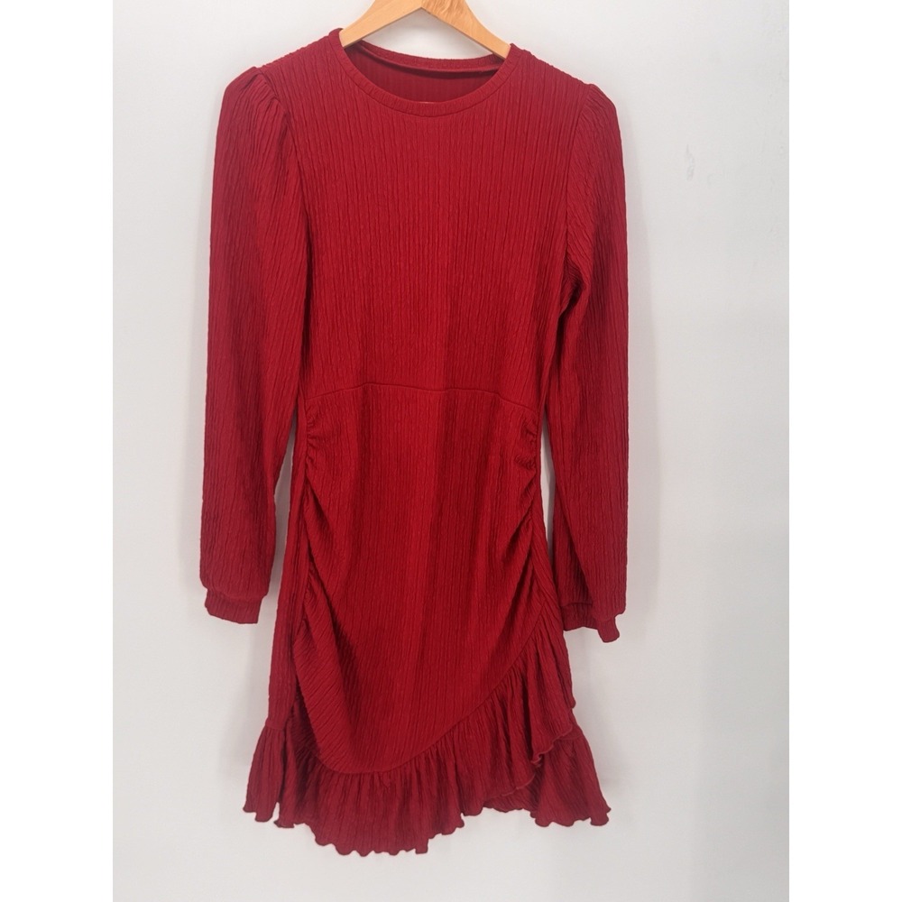 Cupshe Red Wrap Ruffled Ruched Mini Dress Long Sleeve Crumpled Sz Small Bohochic